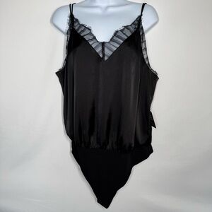 Express Black Satin & Eyelash Lace Trim Cami Bodysuit - Size L NWT